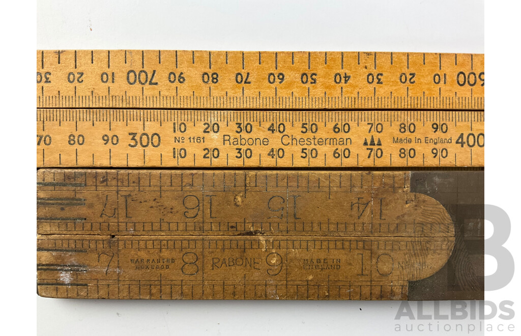 Seven Vintage Folding Timber Rulers Including Five Rabone, Marvule Junior Clamp, United Carr Leather Punch and L.S Starrett Revolution Counter