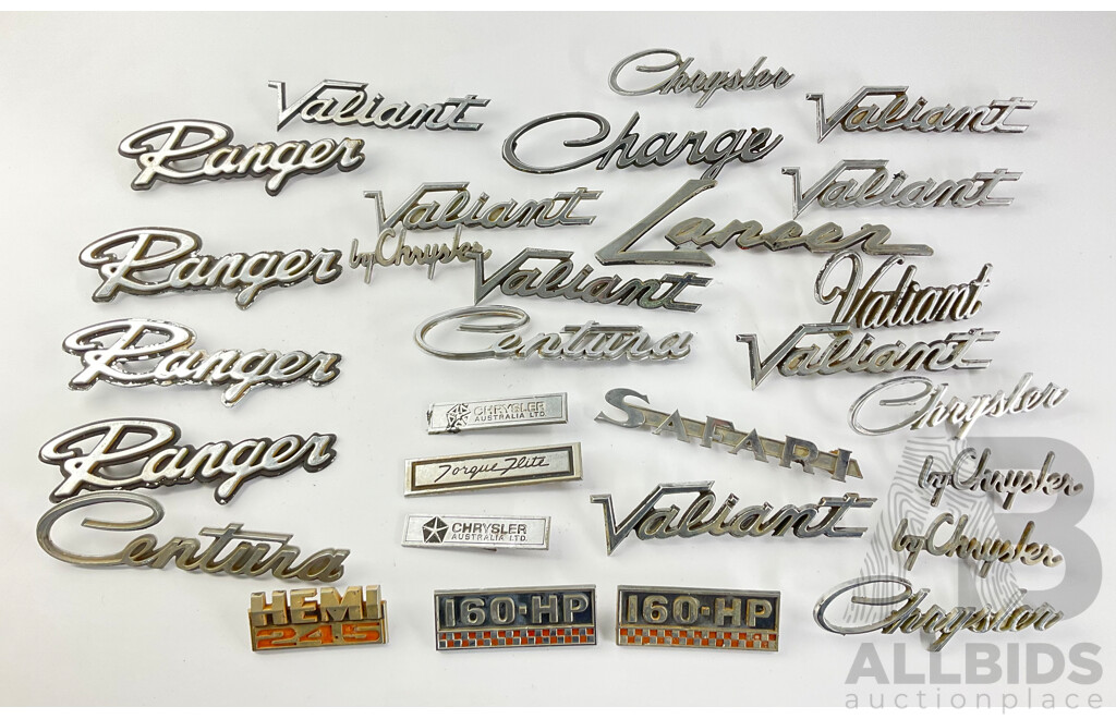 Collection of Valiant/Chrysler Badges Including Ranger, Safari, Centura, Hemi 245, Torque Flite and More