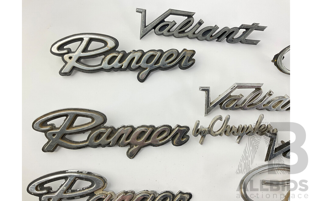 Collection of Valiant/Chrysler Badges Including Ranger, Safari, Centura, Hemi 245, Torque Flite and More