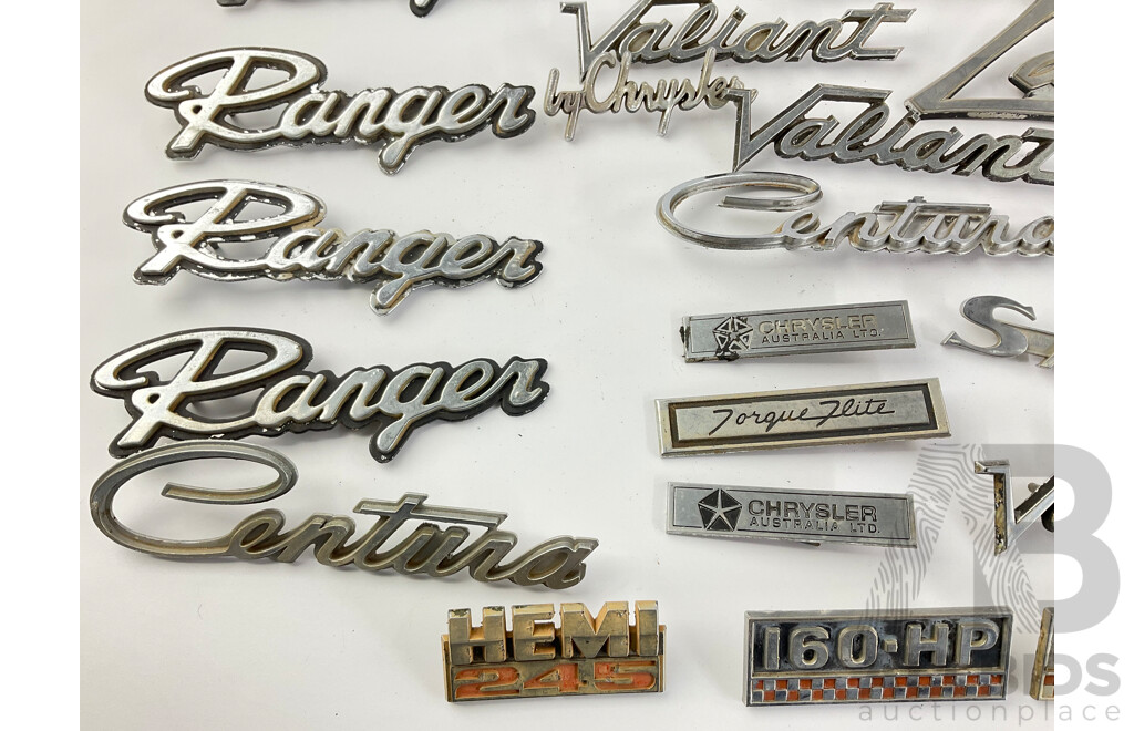 Collection of Valiant/Chrysler Badges Including Ranger, Safari, Centura, Hemi 245, Torque Flite and More