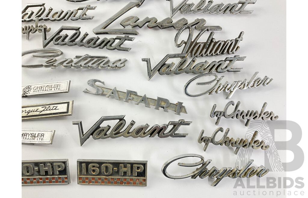 Collection of Valiant/Chrysler Badges Including Ranger, Safari, Centura, Hemi 245, Torque Flite and More