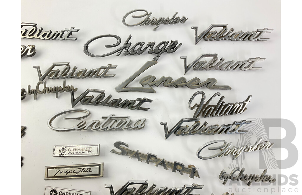 Collection of Valiant/Chrysler Badges Including Ranger, Safari, Centura, Hemi 245, Torque Flite and More