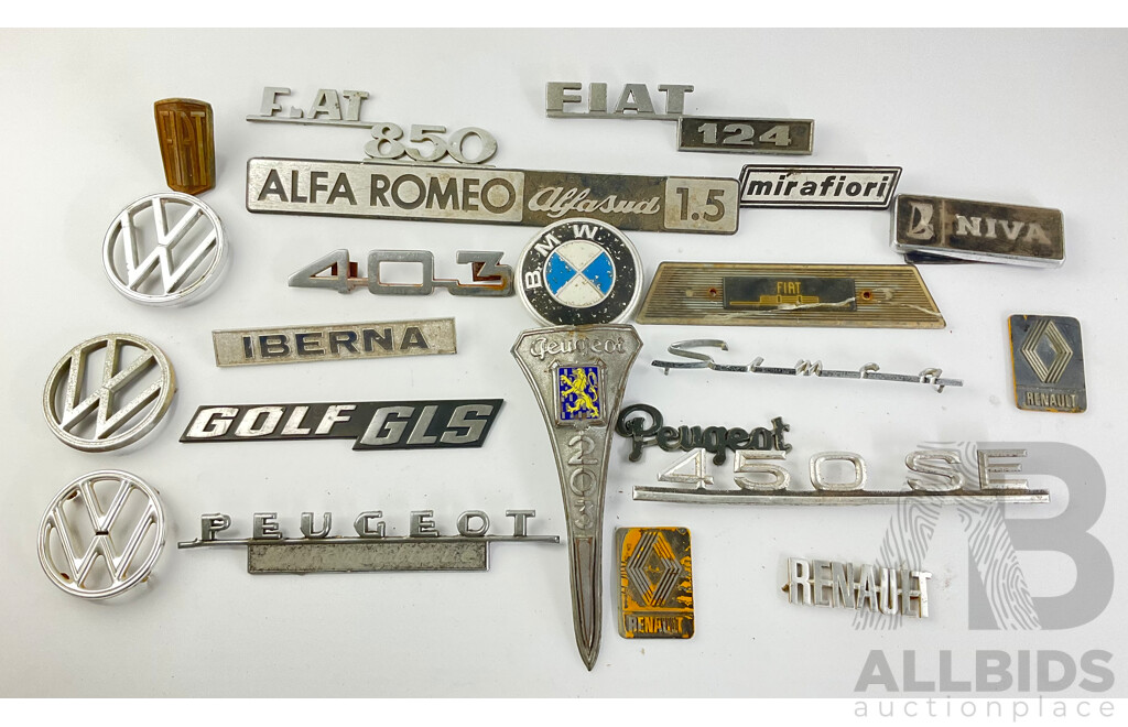 Collection of European Automotive Badges Including Volkswagen, Peugeot, BMW, Renault and Fiat