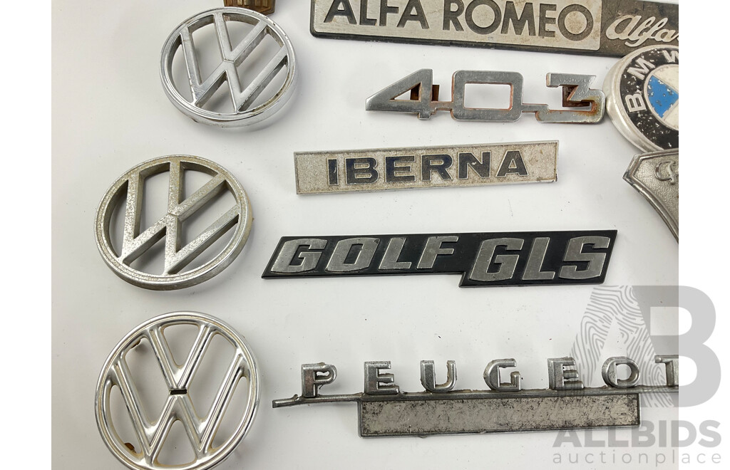 Collection of European Automotive Badges Including Volkswagen, Peugeot, BMW, Renault and Fiat