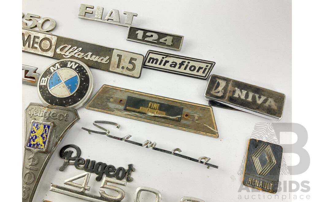 Collection of European Automotive Badges Including Volkswagen, Peugeot, BMW, Renault and Fiat