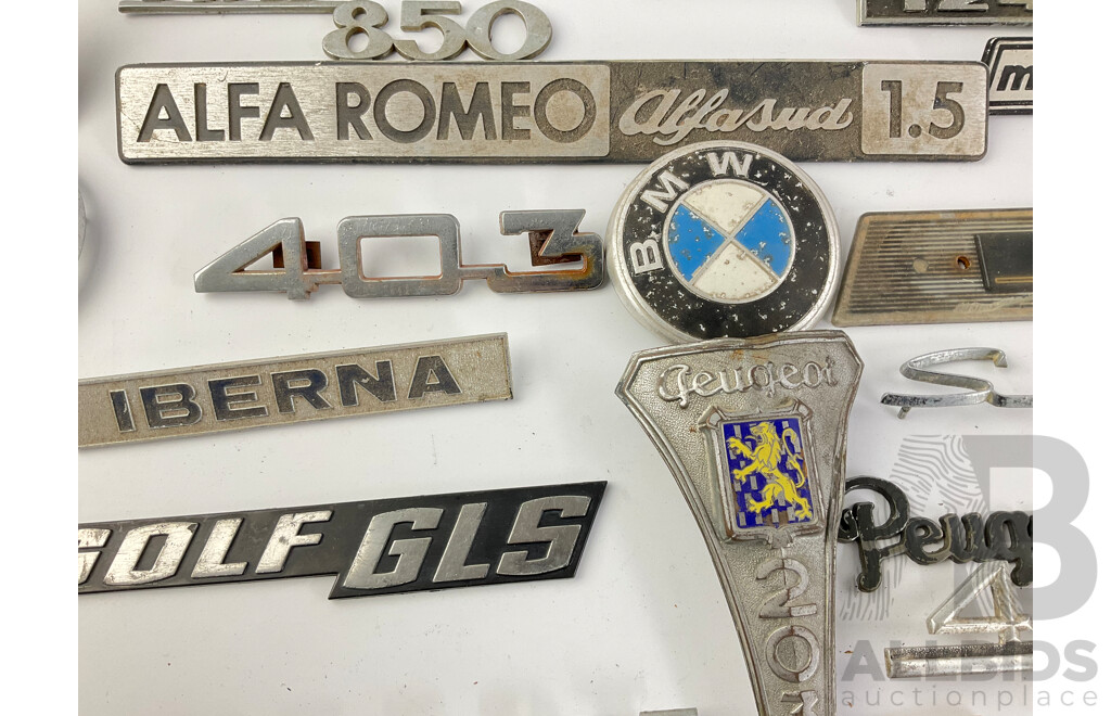 Collection of European Automotive Badges Including Volkswagen, Peugeot, BMW, Renault and Fiat