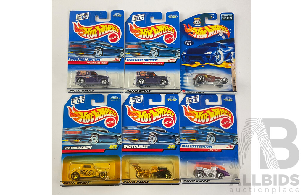 Six Boxed Hot Wheels Hot Rods and Dragsters Including First Editions Popcycle, Whattadrag, 32 Ford Coupe, Deuce Roadster, Ford Anglia Panel Truck