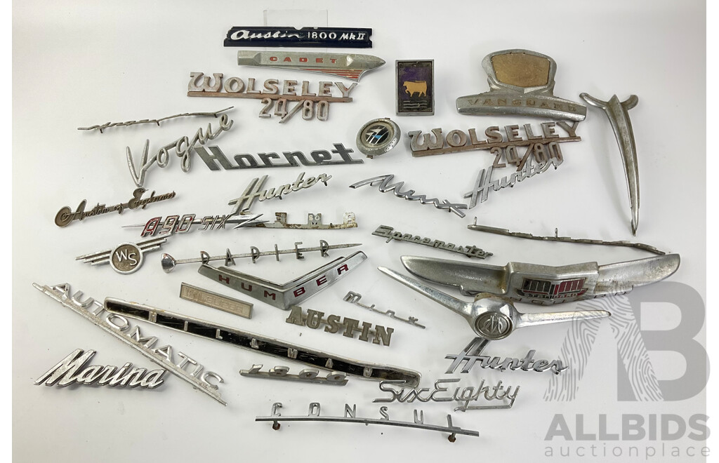 Collection of Vintage United Kingdom Automotive Badges Including Austin, Leyland, Humber, Standard Vanguard, Wolseley