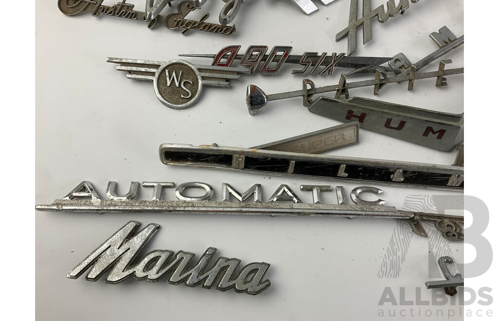 Collection of Vintage United Kingdom Automotive Badges Including Austin, Leyland, Humber, Standard Vanguard, Wolseley