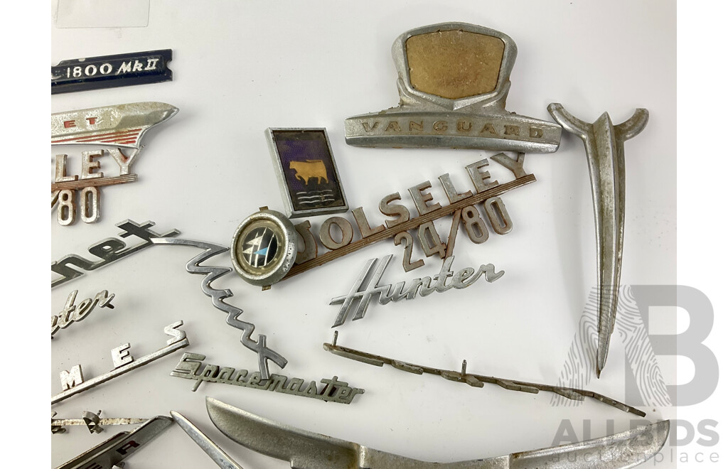 Collection of Vintage United Kingdom Automotive Badges Including Austin, Leyland, Humber, Standard Vanguard, Wolseley