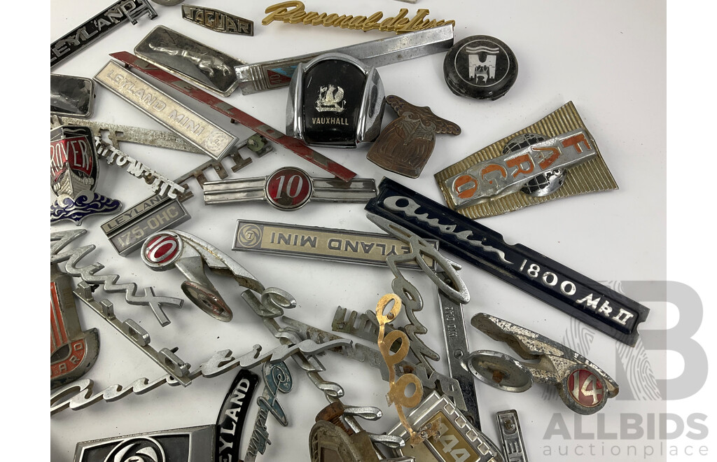 Collection of Vintage United Kingdom Automotive Badges Including Austin, Leyland, Essex, Standard Vanguard, Jaguar, Wolseley, Rover, Hillman