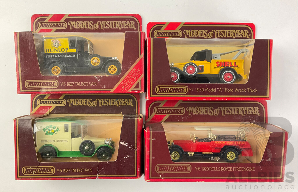 Four Boxed 1980’s Matchbox Models of Yesteryear Including Y-6 1920 Rolls Royce Fire Engine, Y7 1930 Model a Ford Wreck Truck, Y-5 1927 Talbot Van