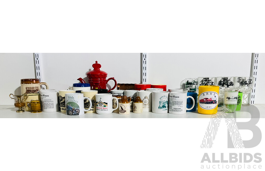 Collection of Car and Train Memorabilia Including Mugs, Glasses, Dishes and More