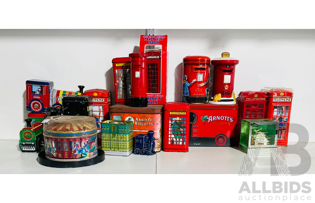 Collection Vintage Biscuit and Toffee Tins and British Telephone Box Coin Banks