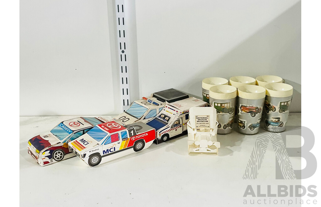 Collection of Automobilia Including Plastic Mugs and Papercraft Cars