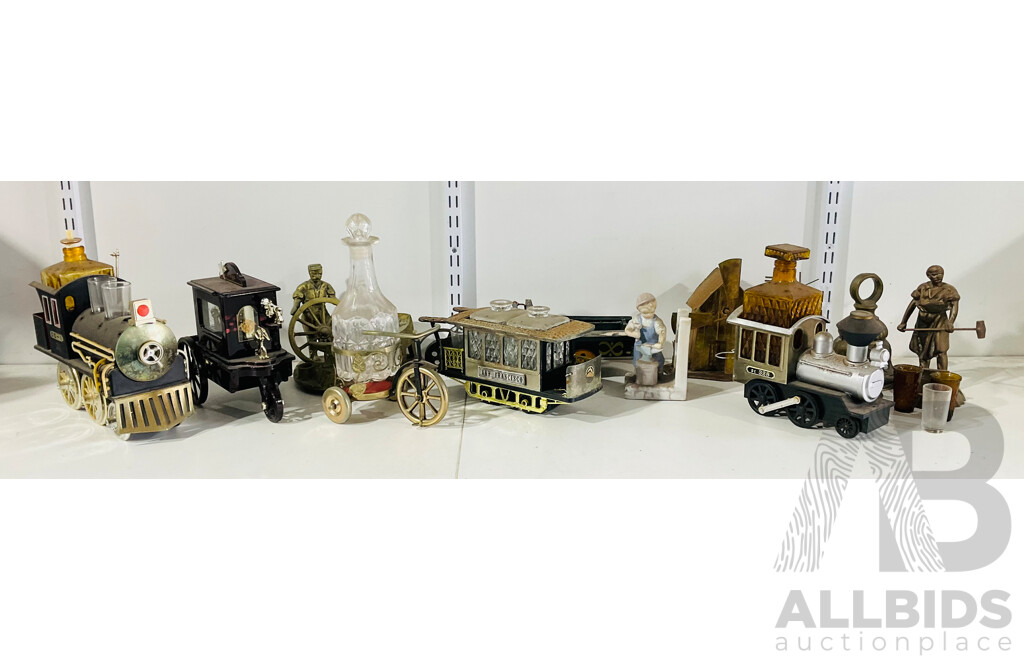 Collection of Vintage Figures and Novelty decanters  Including Trains, Trams and Carriages