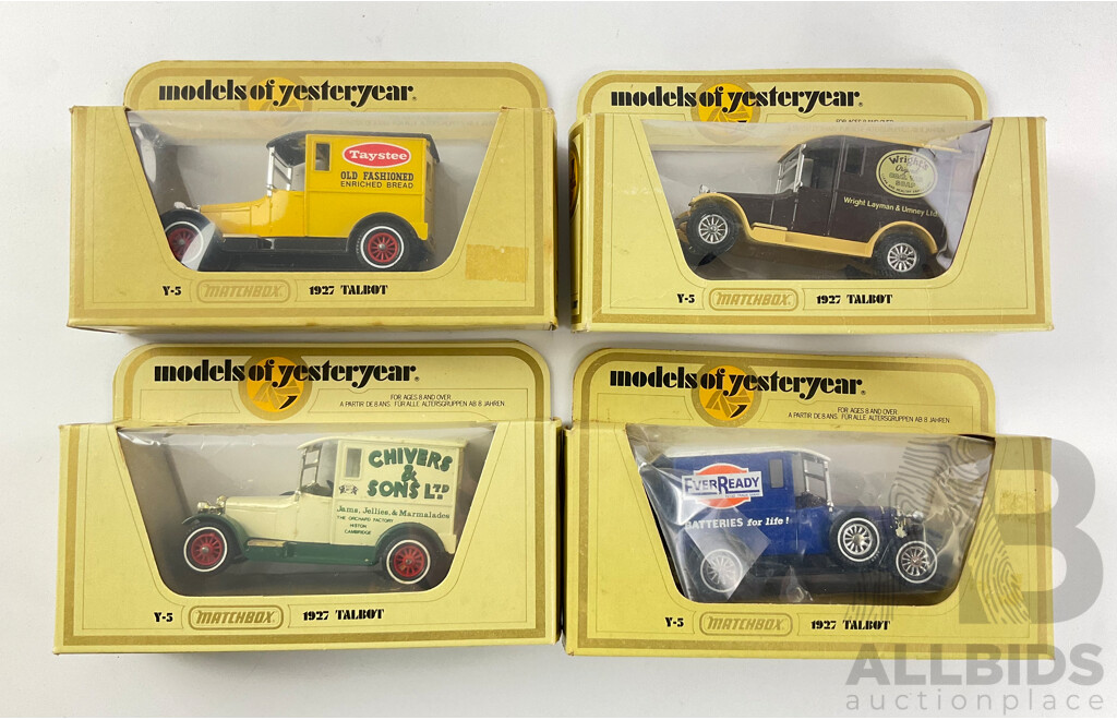 Four Boxed Matchbox Models of Yesteryear 1927 Talbot Company Trucks Including Taystee Old Fashioned Enriched Bread, Chivers and Sons, Wright's Coal Tar Soap, Ever Ready Batteries