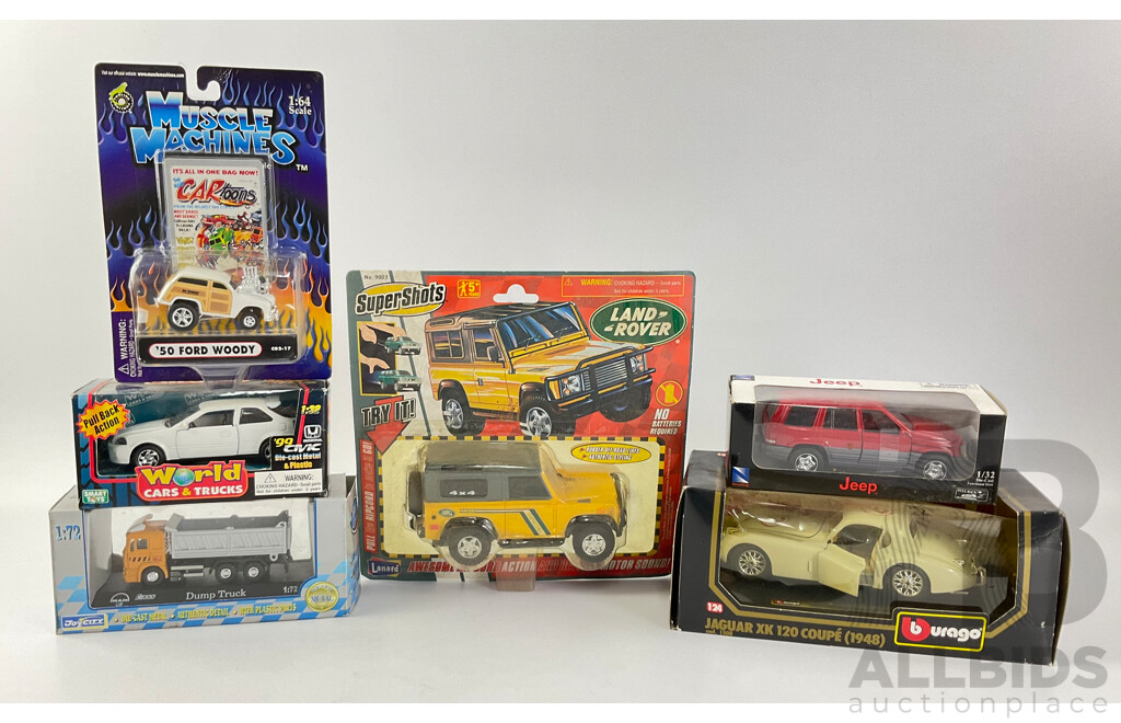 Collection of Boxed Diecast Vehicles Including Burago, Muscle Machines, Super Shots, Newray, Joy City