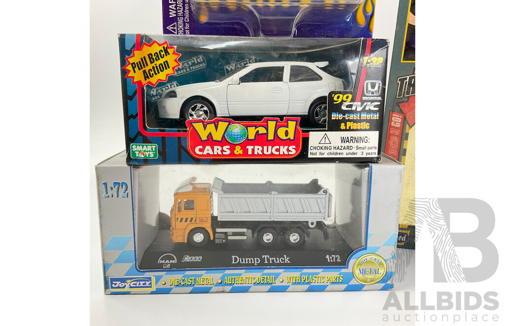 Collection of Boxed Diecast Vehicles Including Burago, Muscle Machines, Super Shots, Newray, Joy City