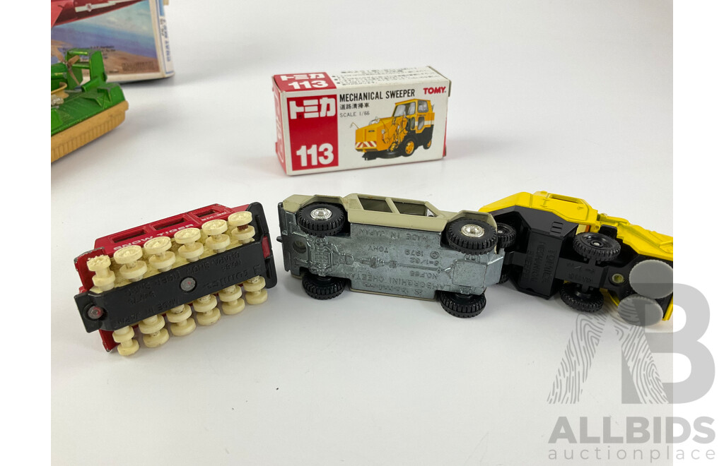 Vintage Diecast Tomica Vehicles Including Mechanical Street Sweeper, Ohara Snow Tiger, Lamborghini Cheetah, Matchbox Gnat MK 1 Trainer, Hover Raider, Poressed Steel Ambulance and Army Truck