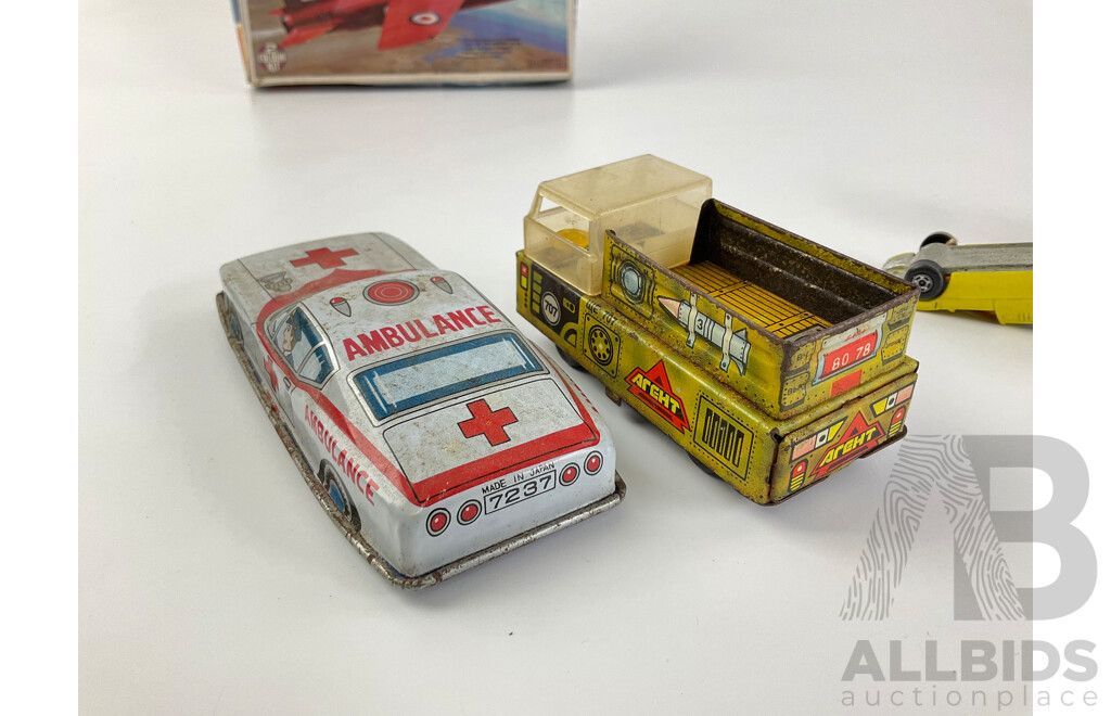 Vintage Diecast Tomica Vehicles Including Mechanical Street Sweeper, Ohara Snow Tiger, Lamborghini Cheetah, Matchbox Gnat MK 1 Trainer, Hover Raider, Poressed Steel Ambulance and Army Truck