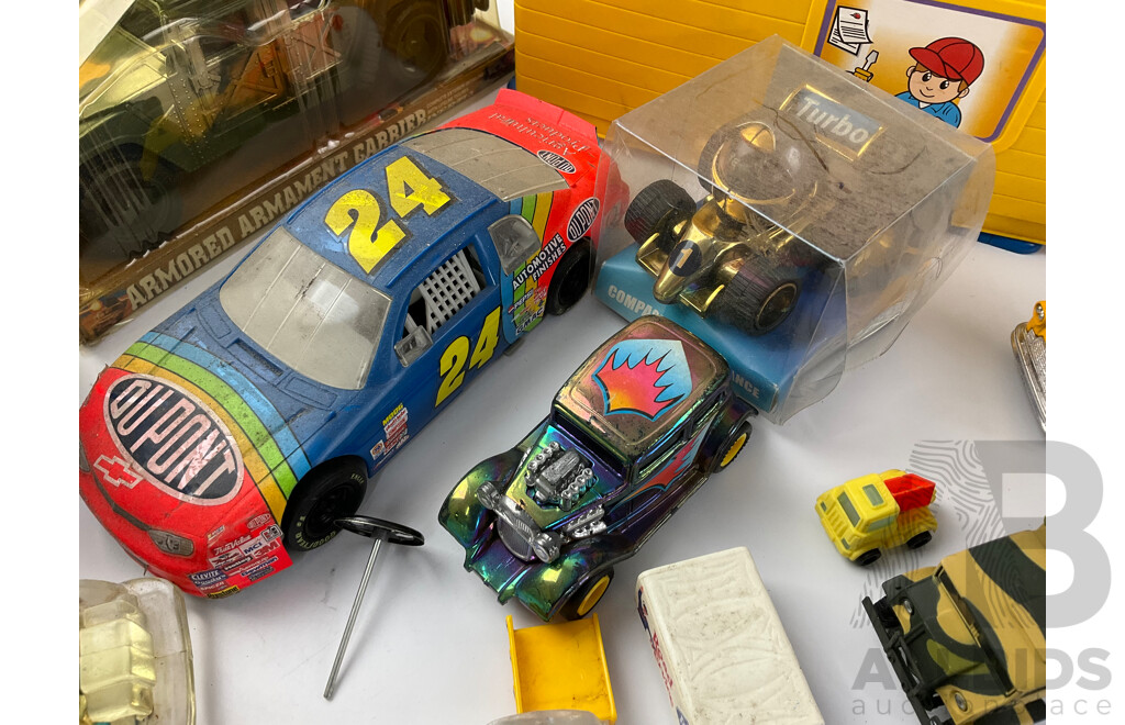 Collection of Diecast and Plastic Vehicles Including Laurel & Hardy Jeep, Formular Ones, Nascar, Hot Wheels Six Car Case and More