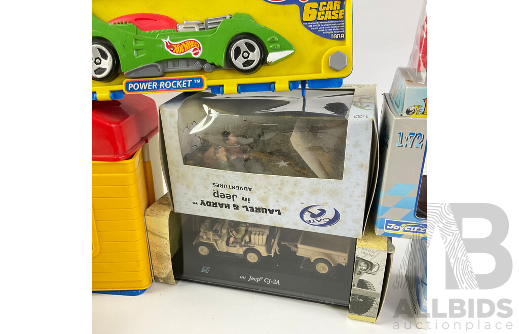 Collection of Diecast and Plastic Vehicles Including Laurel & Hardy Jeep, Formular Ones, Nascar, Hot Wheels Six Car Case and More