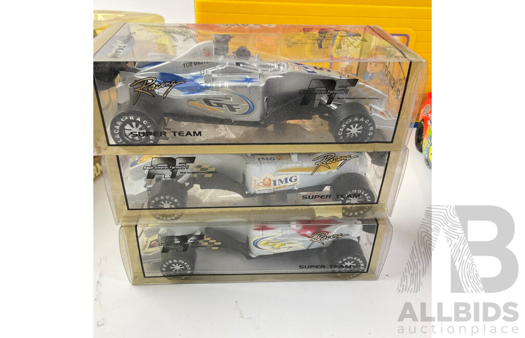 Collection of Diecast and Plastic Vehicles Including Laurel & Hardy Jeep, Formular Ones, Nascar, Hot Wheels Six Car Case and More