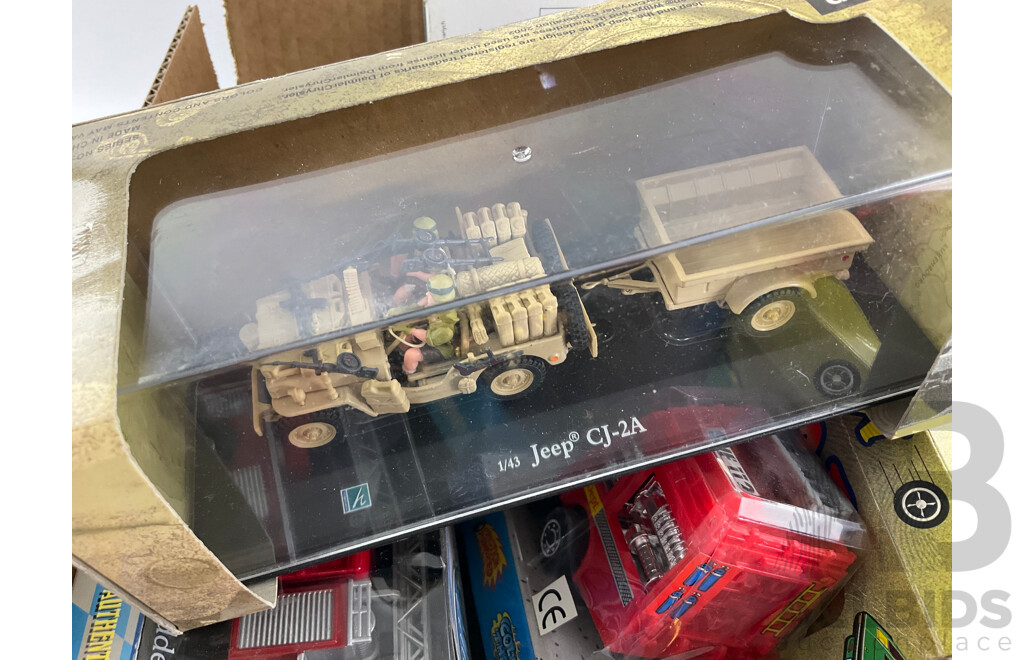 Collection of Diecast and Plastic Vehicles Including Laurel & Hardy Jeep, Formular Ones, Nascar, Hot Wheels Six Car Case and More