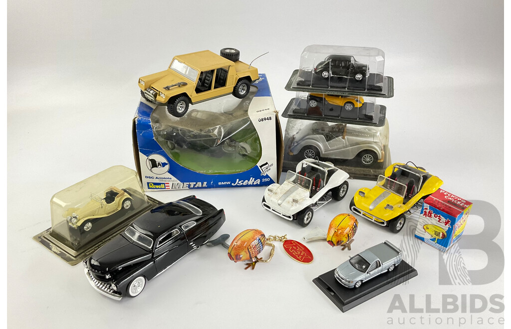 Collection of Diecast Vehicles Including Revell Messerschmidt KR200, Humber, Mercury, Biante Ford Ute, Clock Work Chickens and More