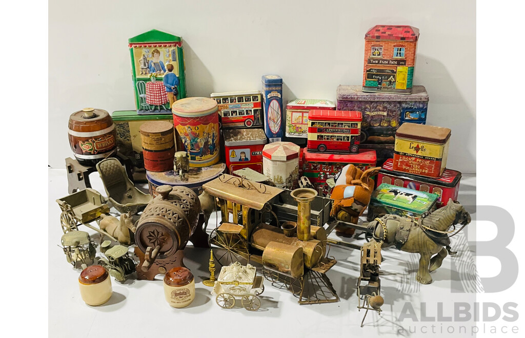 Collection of Novelty Tins and More Including Brass Statues, Metal Sculptures and Much More