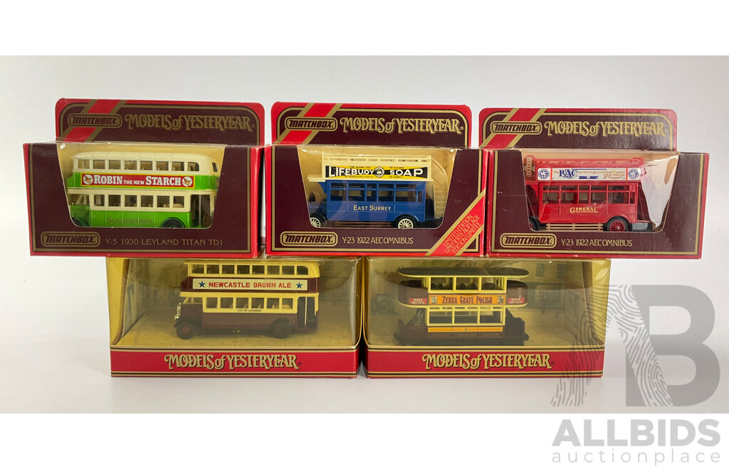 Five Boxed Matchbox Models of Yesteryear Buses and Tram Including 3000 Tramcar, Leyland TD1, 1922 A.E.C Omnibus, Y-5 Leyland Titan TD1