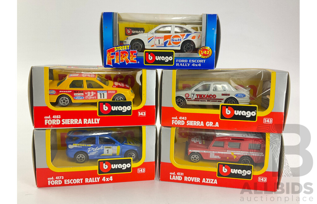 Five Boxed Burago Race and Rally Cars Including Ford Sierra GR.A and Rally, Land Rover Aziza, Ford Escort Rally 4X4