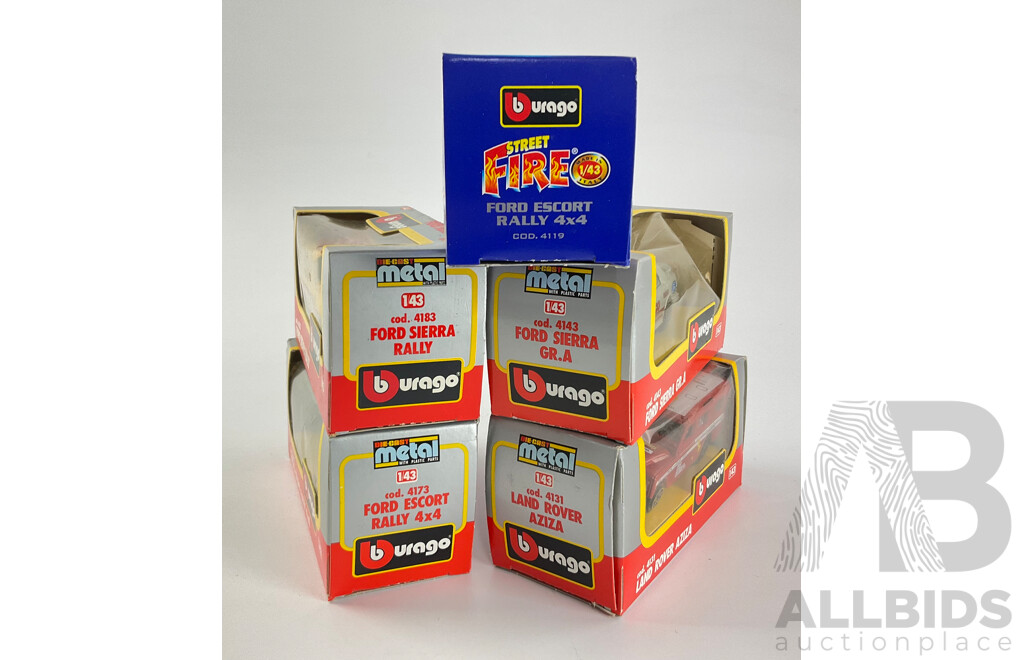 Five Boxed Burago Race and Rally Cars Including Ford Sierra GR.A and Rally, Land Rover Aziza, Ford Escort Rally 4X4