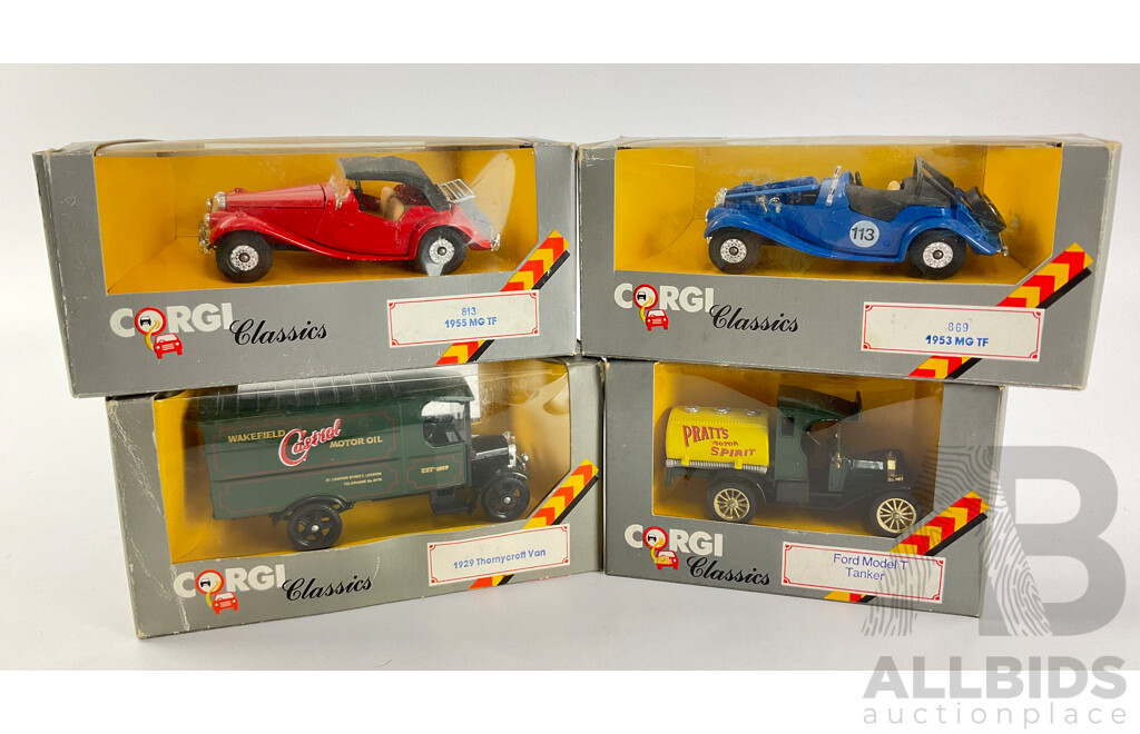 Four Boxed Corgi Classics Including 1953 and 1955 MG TF, Ford Model T Tanker, 1929 Thornycroft Van