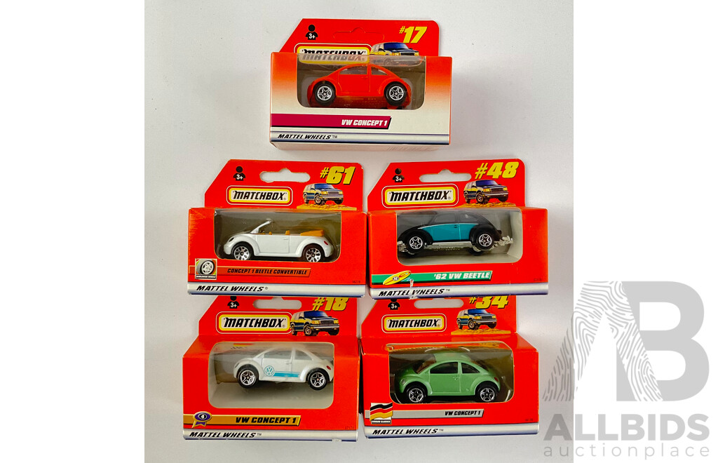 Five Boxed Matchbox Volkswagons Including 1962 Beetle, VW Concept 1 and Convertible