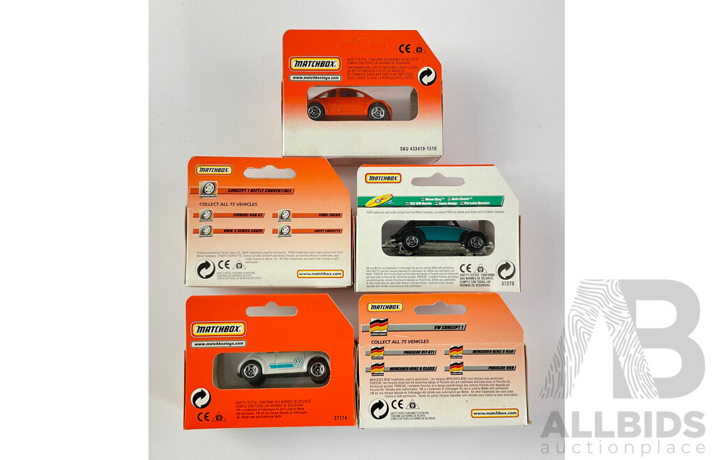 Five Boxed Matchbox Volkswagons Including 1962 Beetle, VW Concept 1 and Convertible
