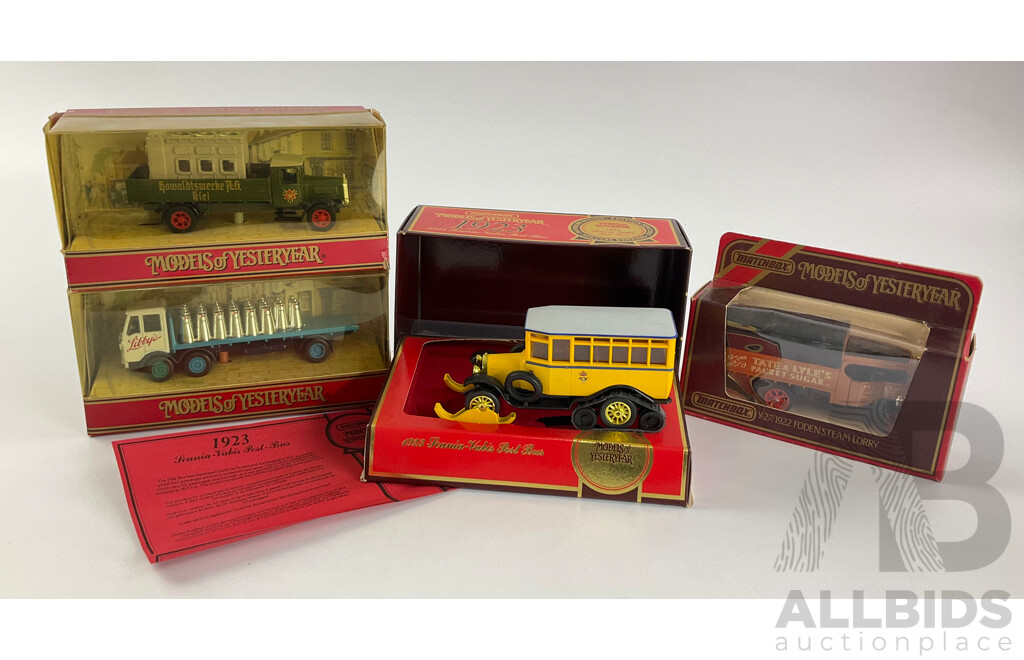 Four Boxed Matchbox Models of Yesteryear Trucks Including Y-27/1922 Foden Steam Lorry, 1923 Scania Vabis Post Bus, Y41 1932 Mercedes L5, Y42 1939 Albion 10 Ton Cx 27