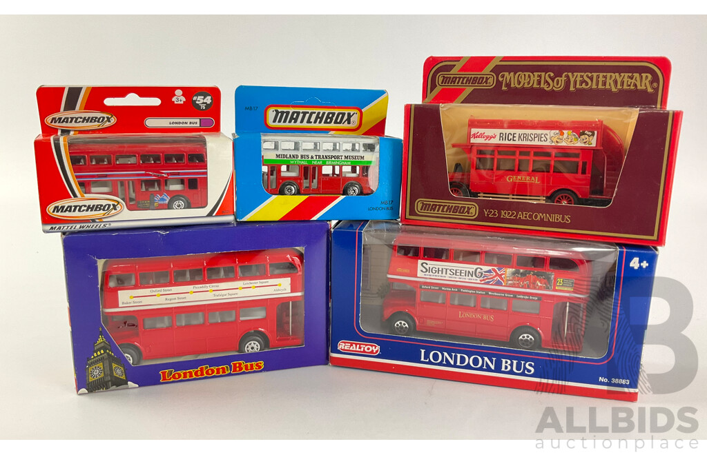 Five Boxed Model London Buses Including Matchbox, Models of Yesteryear and Realtoy