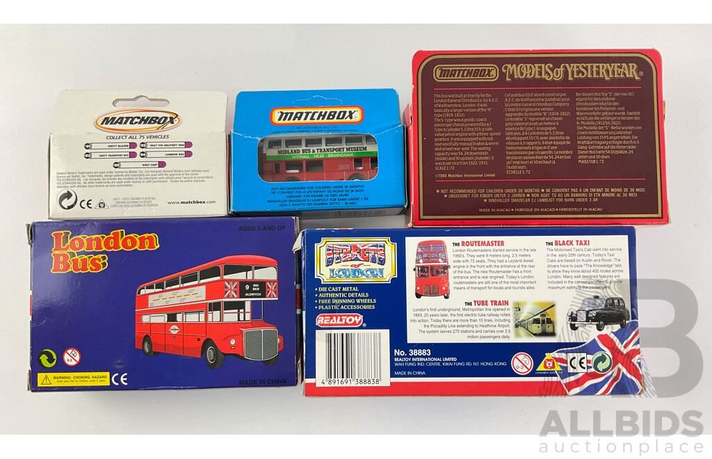 Five Boxed Model London Buses Including Matchbox, Models of Yesteryear and Realtoy