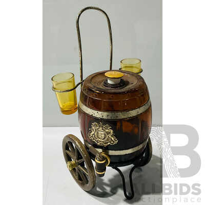 Vintage Glass Barrel Carriage Decanter with Two Shot Glasses