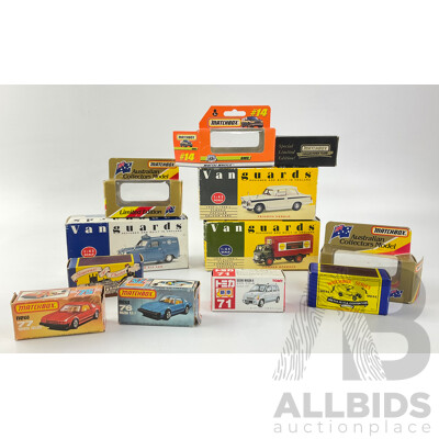 Collection of Diecast Vehicle Boxes Including Matchbox 75, Tomy and Vanguards