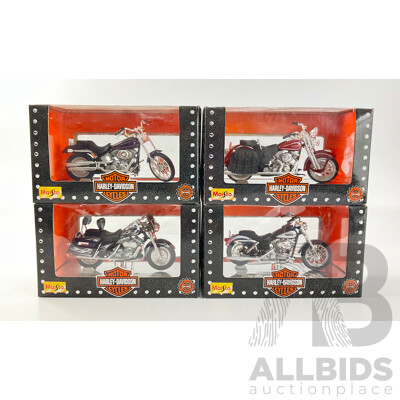 Maisto Diecast Harley Davidson Motorcycles Including 2002 FXDL Dyna Low Rider 2002 FLHRSEI, FXSTD Soft Tail Deuce, 1999 FLSTS Herritage Springer- 1:18 Scale