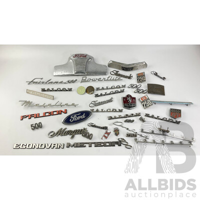 Collection of Ford Badges Including Prefect, Cortina, Fairlane XA, XD and More