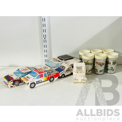 Collection of Automobilia Including Plastic Mugs and Papercraft Cars