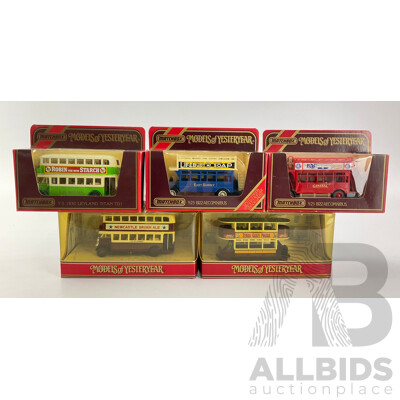 Five Boxed Matchbox Models of Yesteryear Buses and Tram Including 3000 Tramcar, Leyland TD1, 1922 A.E.C Omnibus, Y-5 Leyland Titan TD1