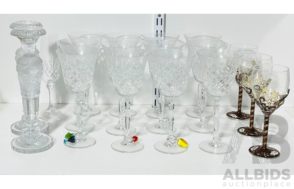 Quantity of Crystal Wine Glasses, Alongside Other Decorative Glasses and a Pair of Bohemia Crystal Candlesticks