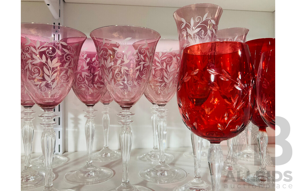 Large Collection of Decorative Pink and Red Wine and Champagne Glasses