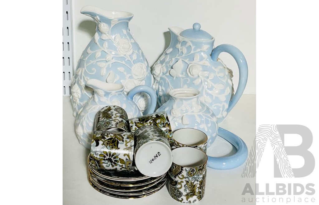 Collection of Ceramic Decorative Blue and White Jug, Teapot, Sugar Bowl and Creamer, Alongside Six Espresso Cups and Saucers