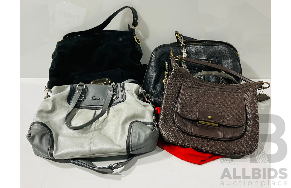 Collection of Four Handbags Alongside a Bag Dustcover